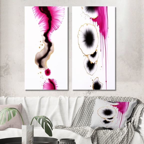 Designart "Fusion in Magenta Minimal Ink Clouds II" Abstract Painting Wall Art Set Of 2 - Modern Black Gallery Wall Set For Home Decor