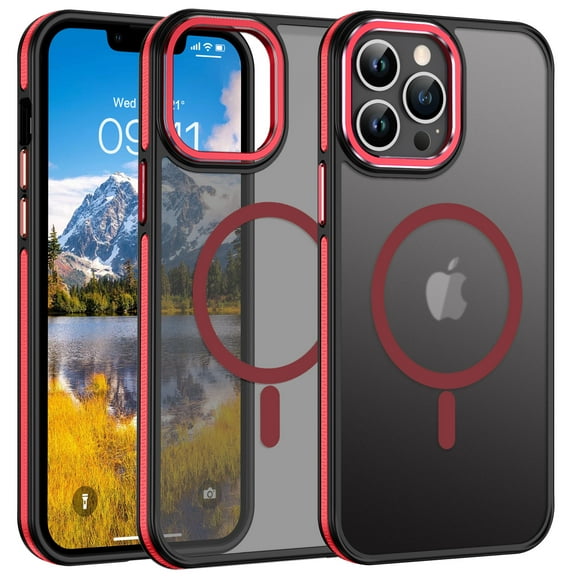 GUAGUA Magnetic for iPhone 15 Pro Max Case, Translucent Two-Color Phone Case for iPhone 15 Pro Max 6.7", Slim Non-Slip Translucent Matte Mobile Cover Metal Lens Frame PC TPU Black Red