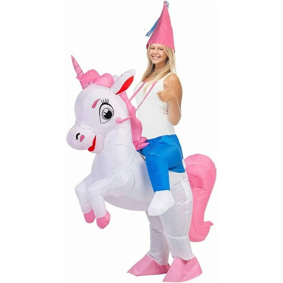 GOOSH 63 Inch Inflatable Unicorn Costume Adult Size, Blow Up Unicorn Costume Adult Unicorn Costume, Funny Halloween Costumes Men Women Unisex Riding Unicorn Costume for Holiday/Party/Cosplay