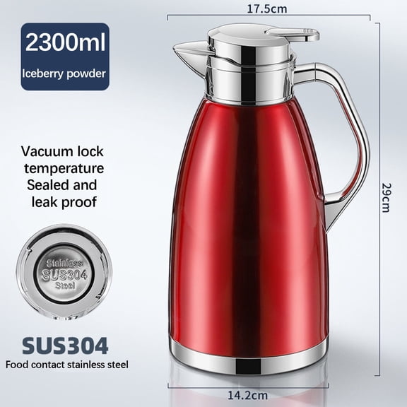Stainless Steel Thermal Carafe with Lid 2.3L Double Wall Insulated Coffee Tea Water Pitcher Leak-Proof Spout Built-in Filter Heat-Resistant Handle for Home Office