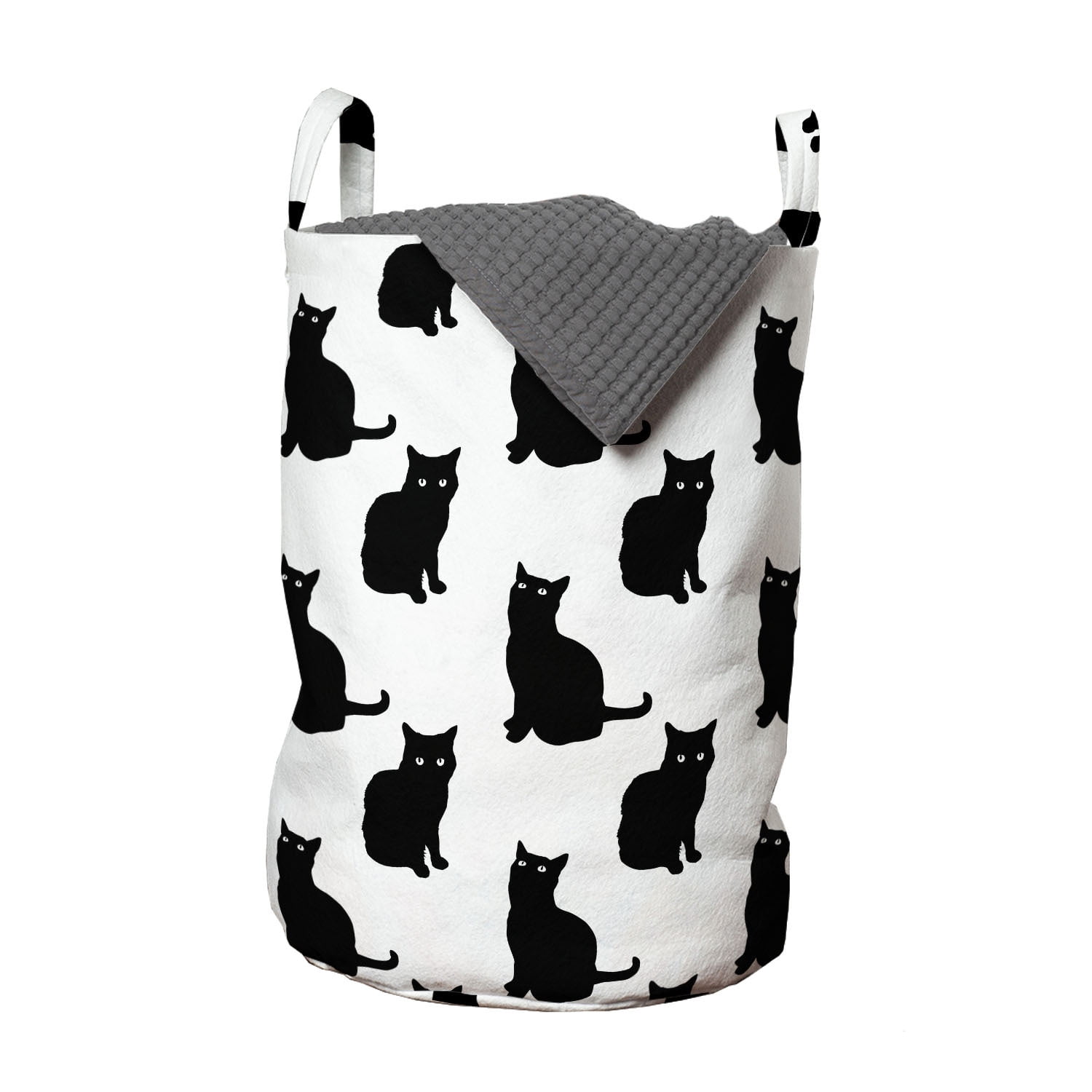 Cat Laundry Bag, Black Cat on White Backdrop Playful Friendly Animals