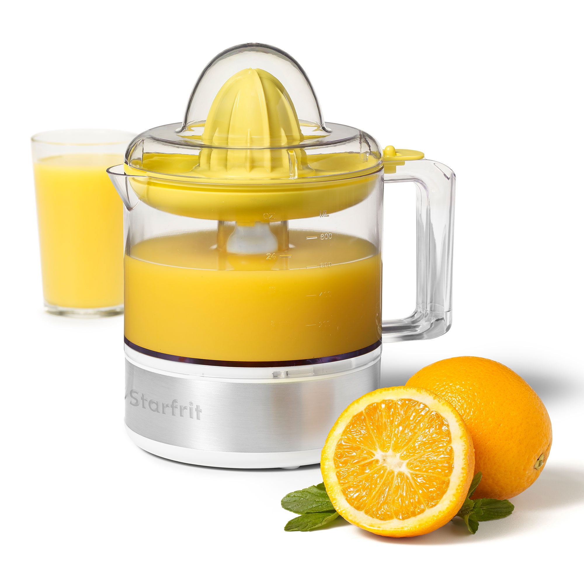 Starfrit Electric Citrus Juicer, 800ml, 2 Size Juicing Cones, Auto-Reverse Rotation, 30 Watts, Fresh juice fast with the Starfrit Electric Citrus Juicer. Pressure-activated for easy use, with auto-reverse for max extraction. Includes 2 cones for all citrus sizes, drip-free pitcher, and adjustable filter for pulp control. BPA-free, compact, dishwasher-safe parts.