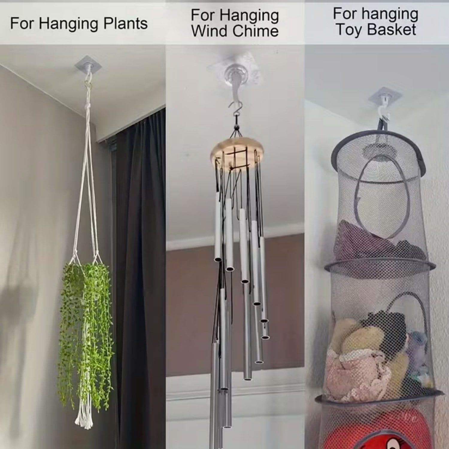 6 Adhesive Ceiling Hooks, No Drilling, for Hanging Plants, Lamps, Wind Chimes, Lanterns