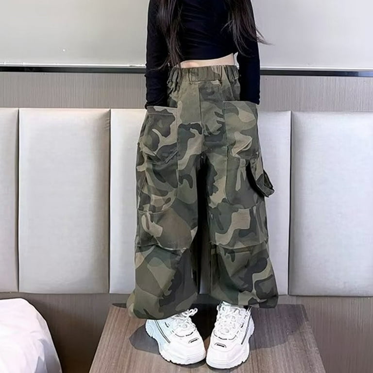 GYRATEDREAM 4-18 Years Girls Camo Cargo Pants High Elastic