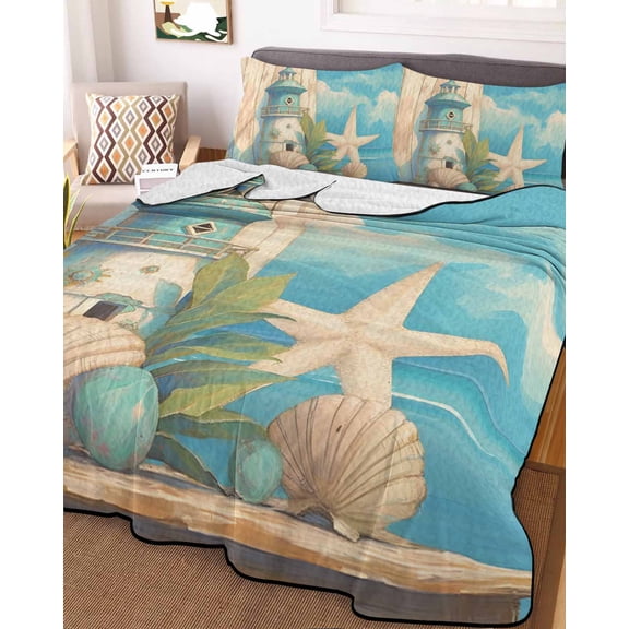 Blue Coastal Queen Size Down Alternative Comforter,Lightweight Comforter Quilt Bedding Set with Pillow Shams Watercolor Nautical Starfish Lighthouse Beach Bed Comforter Duvet Insert 90"x96"
