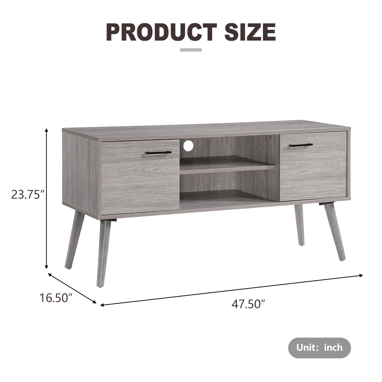 Kadyn Modern TV Stand, Mid Century TV Stand Console with 2 Cabinets & Shelves, Fiberboard TV Stand Console for Living Room, Plaid Grey Oak