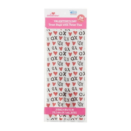 Way to Celebrate Valentines Day XOs Treat Bags with Twist Ties, 20 Count