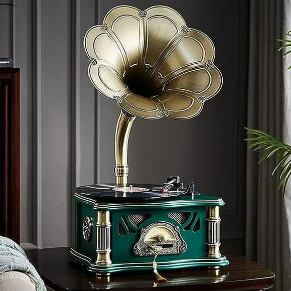 HZLSBL Gramófono vintage con salida Bluetooth Tocadiscos vintage Tocadiscos de gramófono retro para discos de vinilo de 7" 9" 12" 3 velocidades, Hi-Fi, hecho a mano por Pure Oak (verde oscuro)