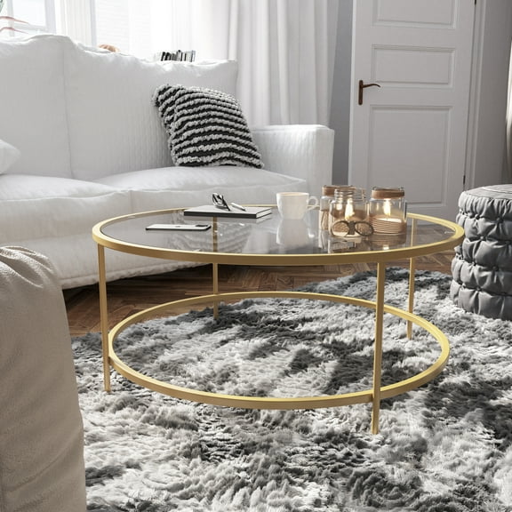 Flash Furniture Astoria Collection Round Coffee Table - Modern Clear Glass Coffee Table with Brushed Gold Frame