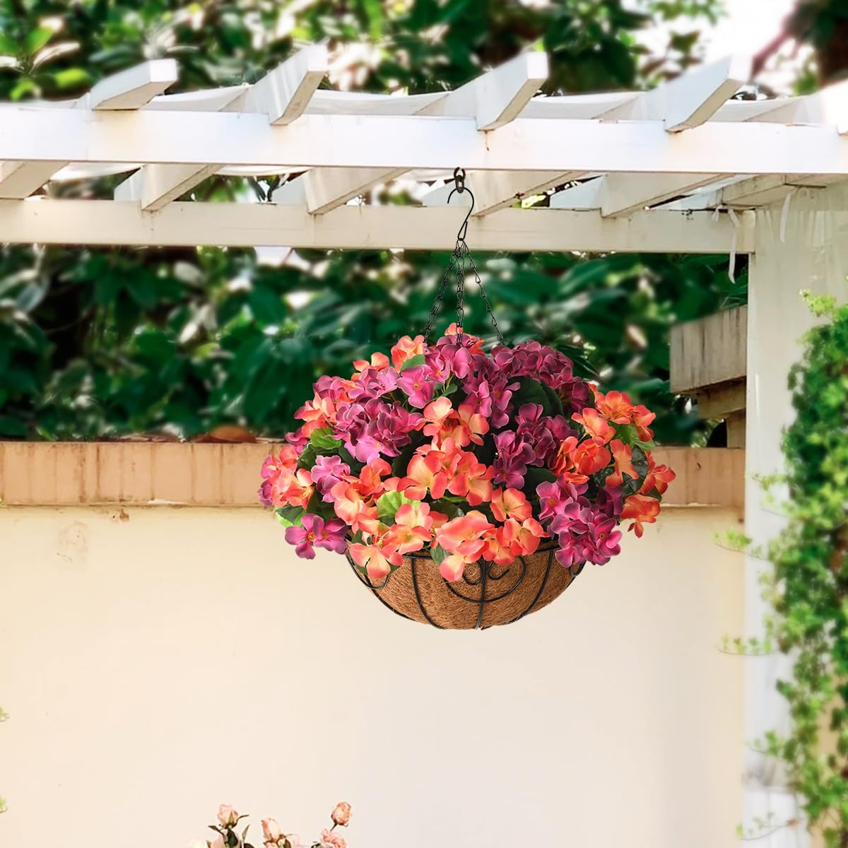 Artificial Flowers Hanging Basket for Outdoor Indoor Decor,Faux Silk Flower Arrangement,10 Branches Geranium with 12 Inch Coconut Lining Chain for Patio Decoration(Purple Orange)