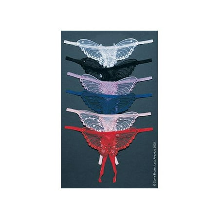 Black Rubber Thong - Women's Exotic Butterfly Crotchless w/ Peral Sequin Detail Thong, Black, One Size