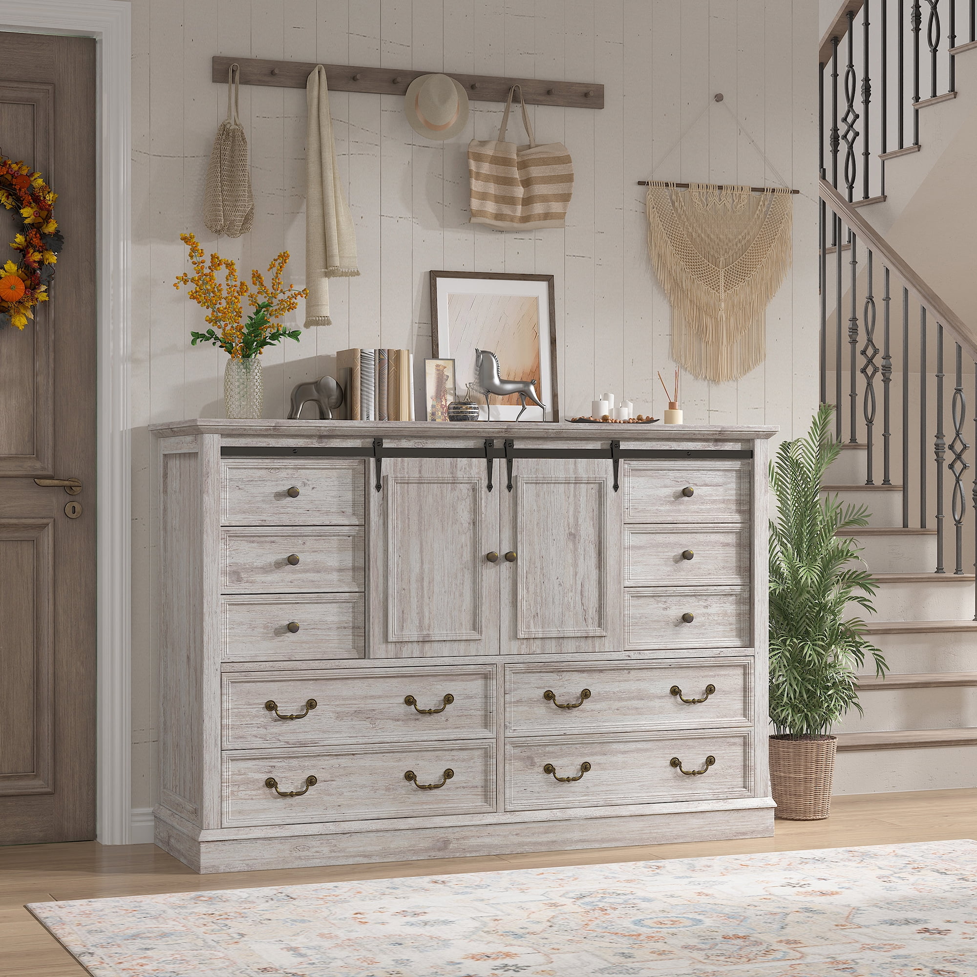 10 Drawers Dresser for Bedroom,Farmhouse Wood Dresser with Smoothly Sliding Barn Doors,Chest of Drawers 55" Wide TV Stands for Living Room,Hallway,Entryway ,Light Rustic Oak