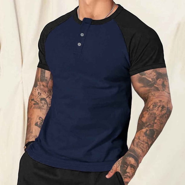 Ceisia Men's Slim Fit Short-Sleeve Raglan-Sleeve Henley T-Shirt Color-Blocked Spring Summer Shirt Gift