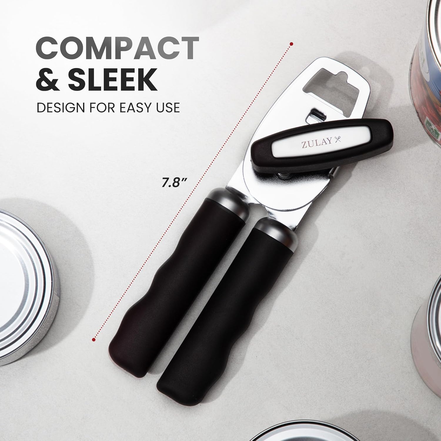 Heavy Duty Stainless Steel Can Opener Manual with Bottle Opener - Rust Proof Manual Can Opener With Turn Knob & Comfy Soft Grip Handles - Black