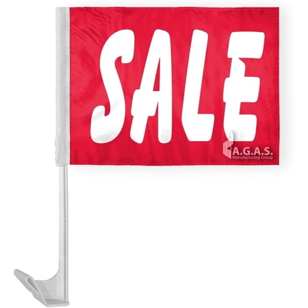 AGAS 12" x 16" Inch SALE Auto Dealership Car Flag, Red with White letters, Printed on Economy Polyester, Mounted on 17" Tall White Plastic Flex Pole with a Window Plastic Clip On.