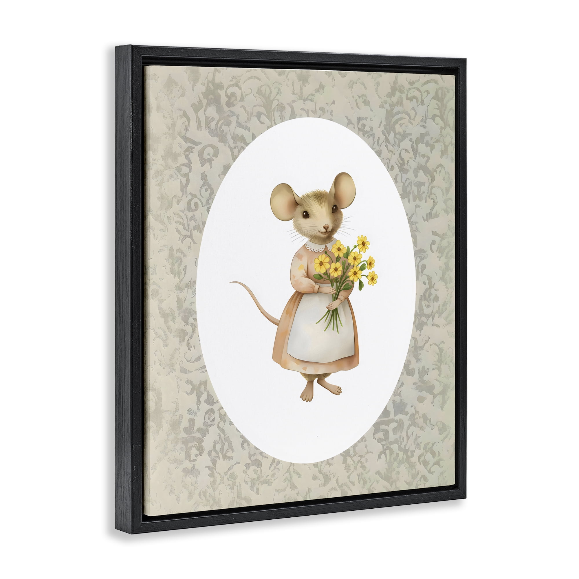 Stupell Industries Little Mouse with Flowers Black Framed Floater Canvas Wall Art, design by Arlington Prints