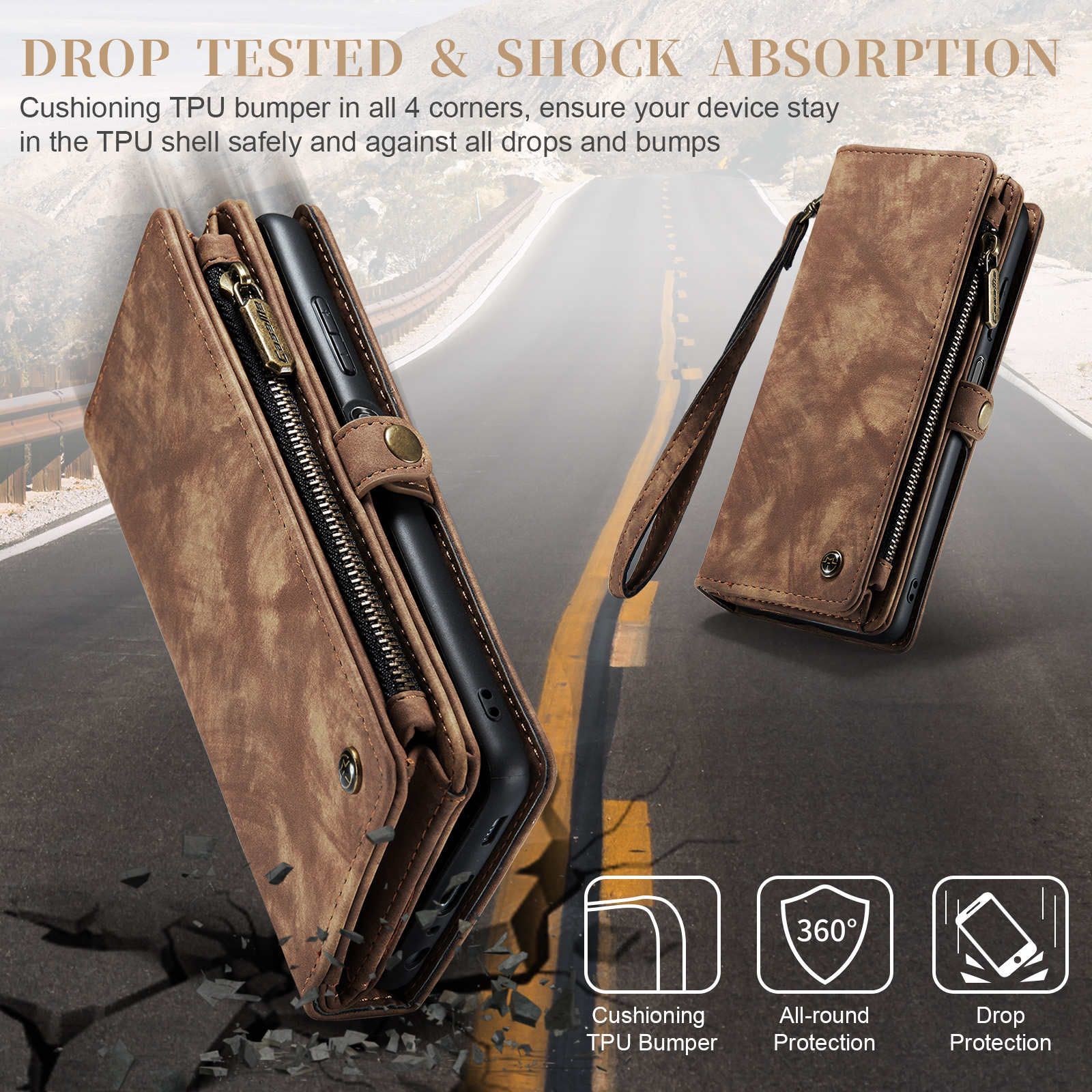 for Samsung Galaxy A16 5G/4G Premium PU Leather Folding Case, Multiple Card Slots Design, Wrist Strap Zipper Pocket Kickstand Magnetic Snap, Wireless Charging for Samsung Galaxy A16 5G/4G, Darkbrown
