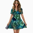 thumbnail image 2 of Abstract Oceanic Coral Pattern Women Dress V-Neck Short Sleeve Flowy Swing Party Midi Dress, 2 of 4