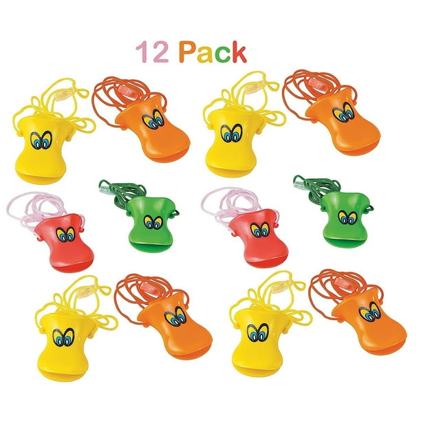 Pack Of 12 Plastic Duck Beak Whistles With Nylon Cord, Whistle Is 3