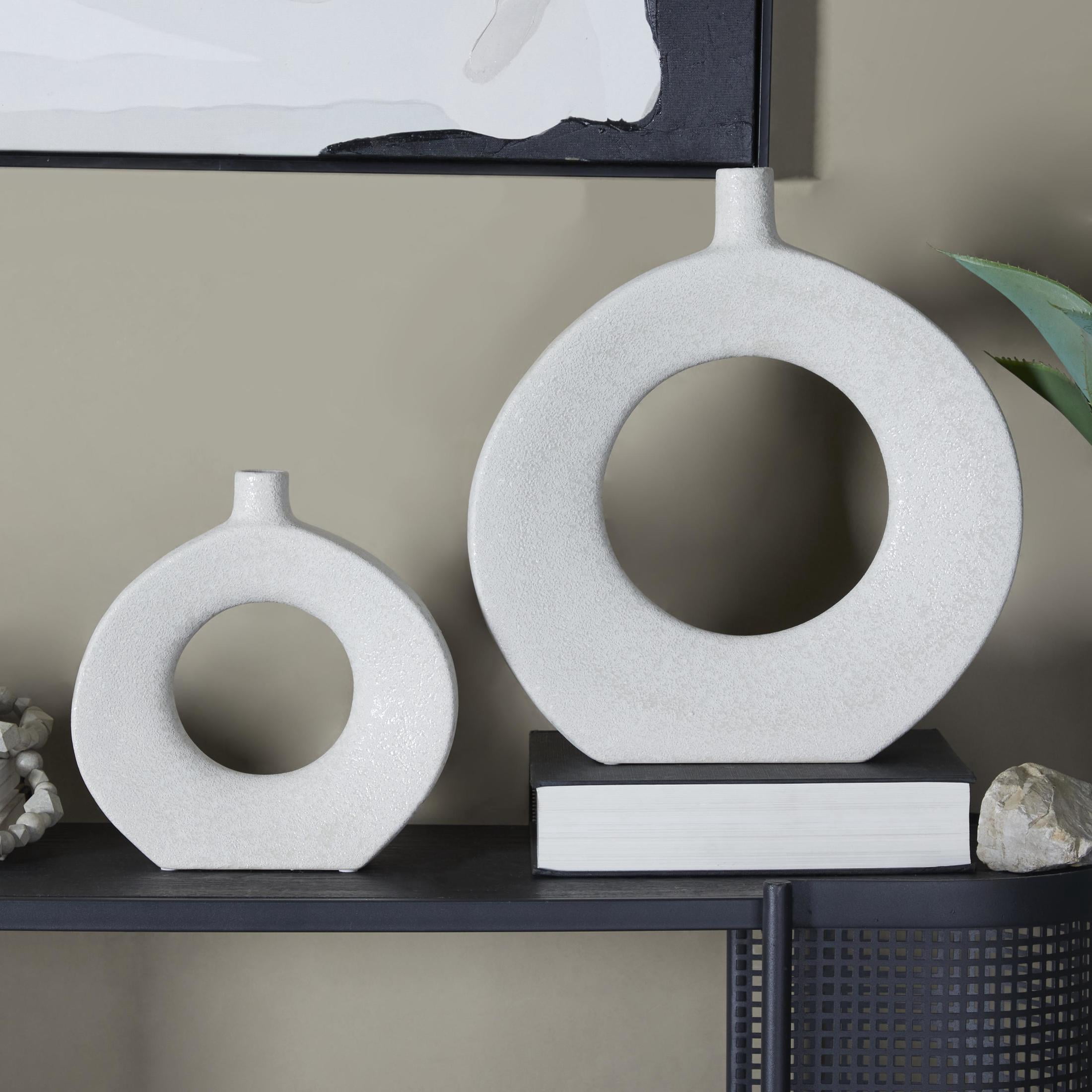 CosmoLiving by Cosmopolitan 16", 10"H Round Donut Shaped White Ceramic Vase, Set of 2