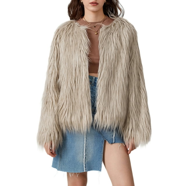 FOCUSNORM Women Faux Fur Coat Solid Color Open Front Long Sleeve Plus Size Jacket Warm Winter Outwear