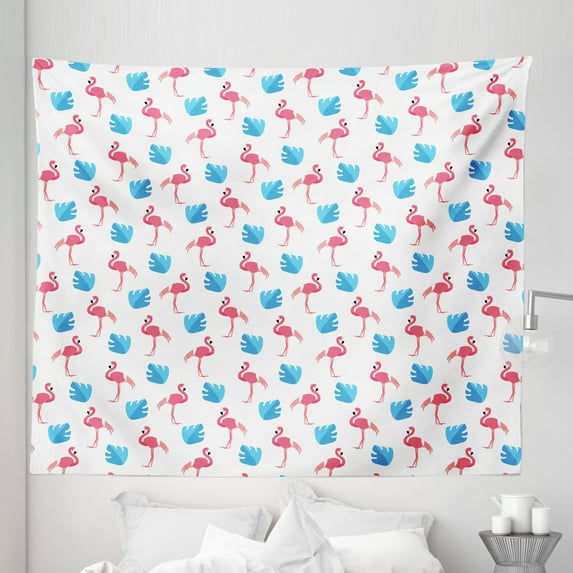 Tropical Tapestry, Pink Flamingo Birds and Blue Palm Trees Pattern Exotic Hawaiian Nature, Fabric Wall Hanging Decor for Bedroom Living Room Dorm, 5 Sizes, Pink Blue and White, by Ambesonne