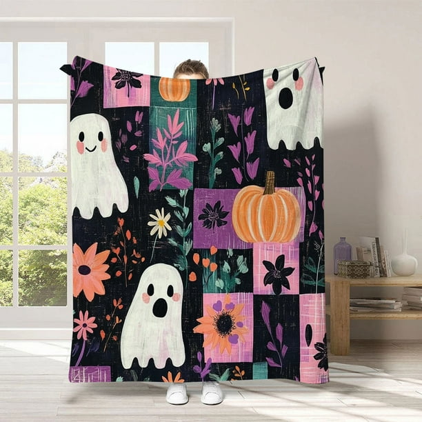 Manta de franela | Chal con estampado de fantasmas de Halloween | Manta ligera de poliéster para todas las estaciones, ideal para decoración del hogar, sofá, cama, camping