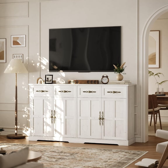 63 Inch Buffet Sideboard Cabinet with 4 Drawers and 4 Doors, Large Storage Credenza, Coffee Bar Station, Kitchen Cabinet for Dining Room and Living Room,White