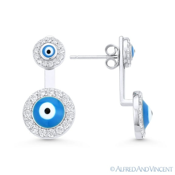 Evil Eye Enamel Bead & CZ Crystal Stud Earrings w/ Drop Attachments in .925 Sterling Silver