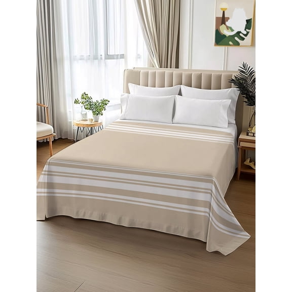 King Size Flat Sheet Only,Minimalist Modern Geometric Lines Soft Top Bed Sheets Breathable Bedding Sheet White Stripe on Khaki Back Microfiber Hotel Luxury Top Sheets