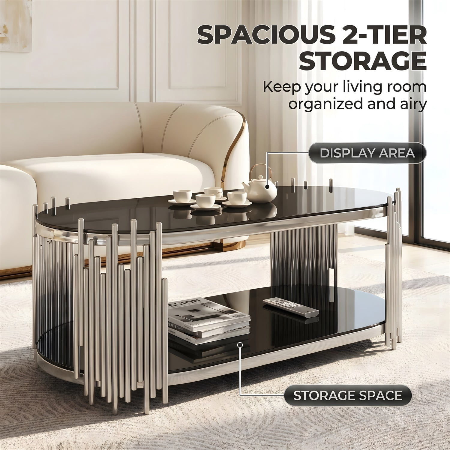 Hommoo Modern Oval Coffee Table with 2-Tier Tempered Glass Shelves & Organ Pipe Stainless Steel Base, Luxury Living Room Center Table, Black & Sliver