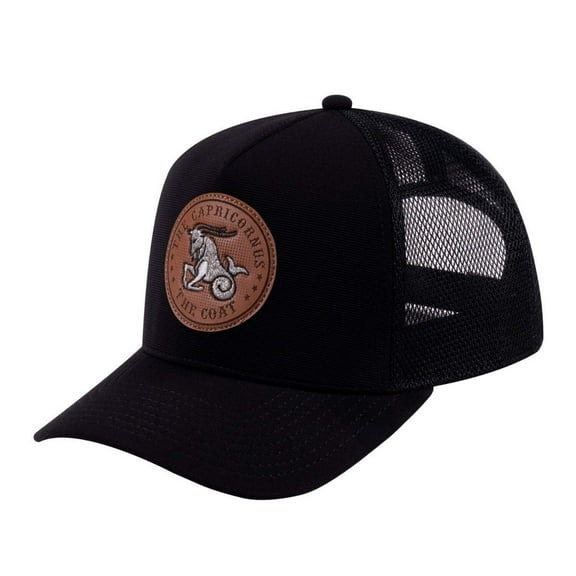 Unisex V2 Embroidered And Laser-Engraved Capricorn Zodiac (December 22, January 19), 5-Panel Trucker Hat, Black/Black, Adjustable Fit