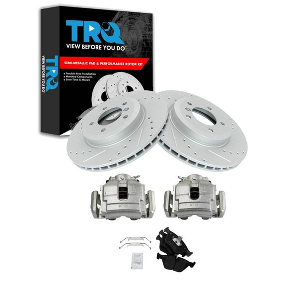 TRQ Front Performance Brake Pad & Rotor Kit Brake Caliper Brake Pads Brake Rotors Set Semi-Metallic Premium G-Coated Fits Select 2001-2006 BMW 330Ci 2001-2005 330i 330xi