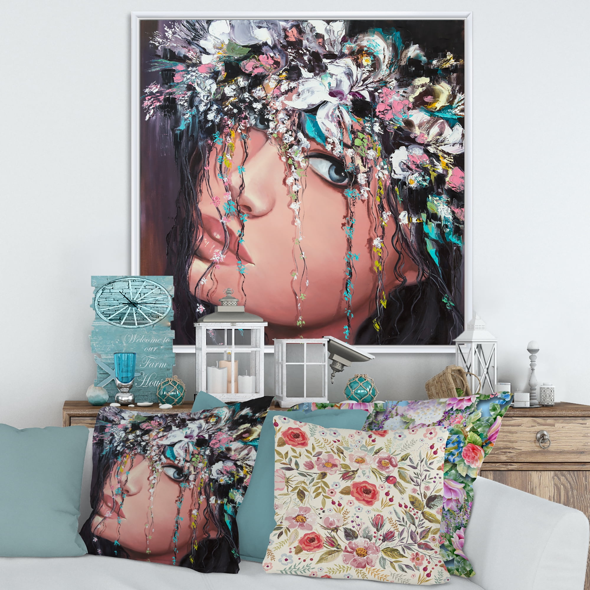 Designart 'Portrait Of A Young Woman With Flowers II' Modern Framed Canvas Wall Art Print