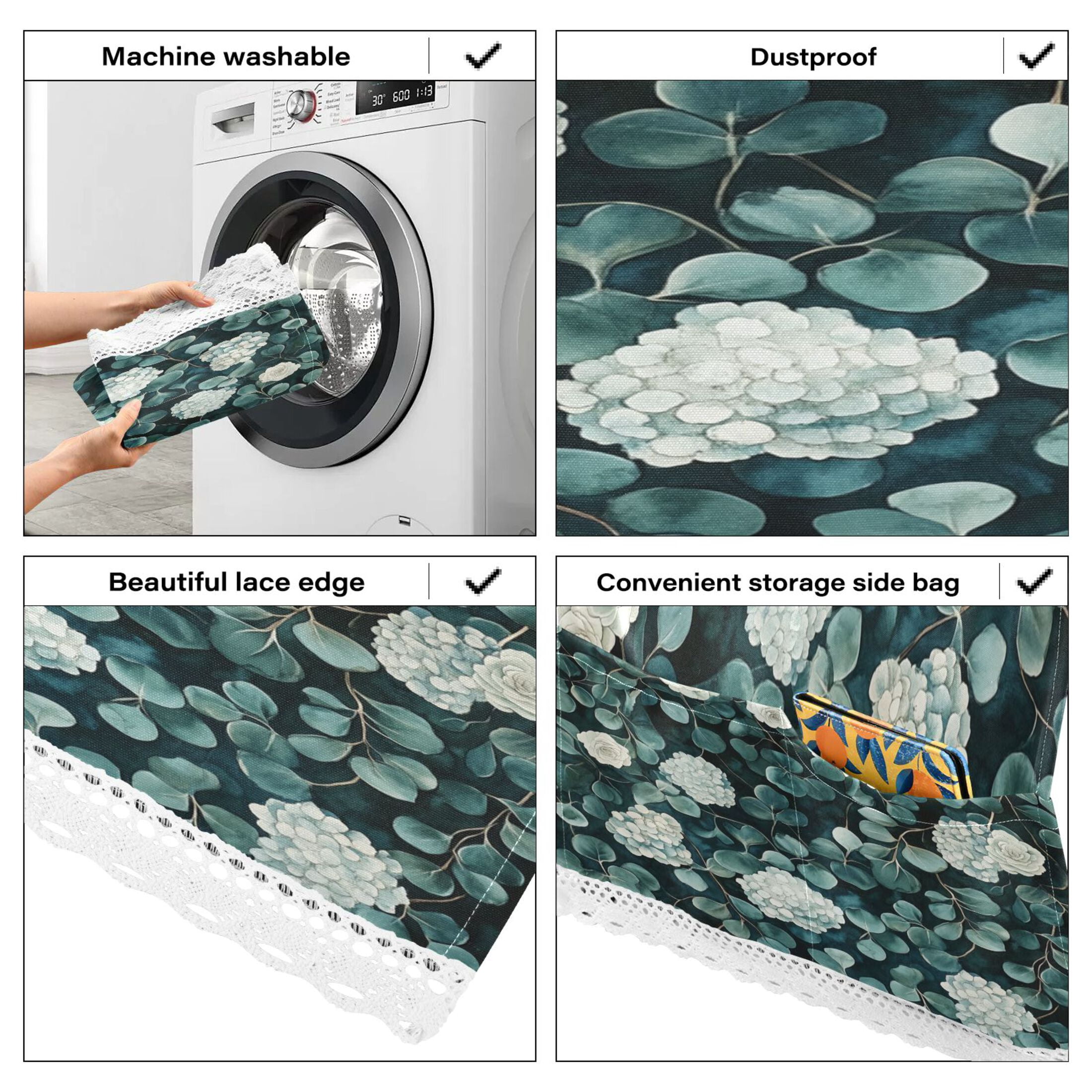 Eucalyptus Leaves PatternWasher and Dryer Covers Dust-Proof and Oil Resistant Fridge Cover with 4 Storage Pockets Washing Machine Top Cover for Laundry Kitchen Home 51.2 x 22 In