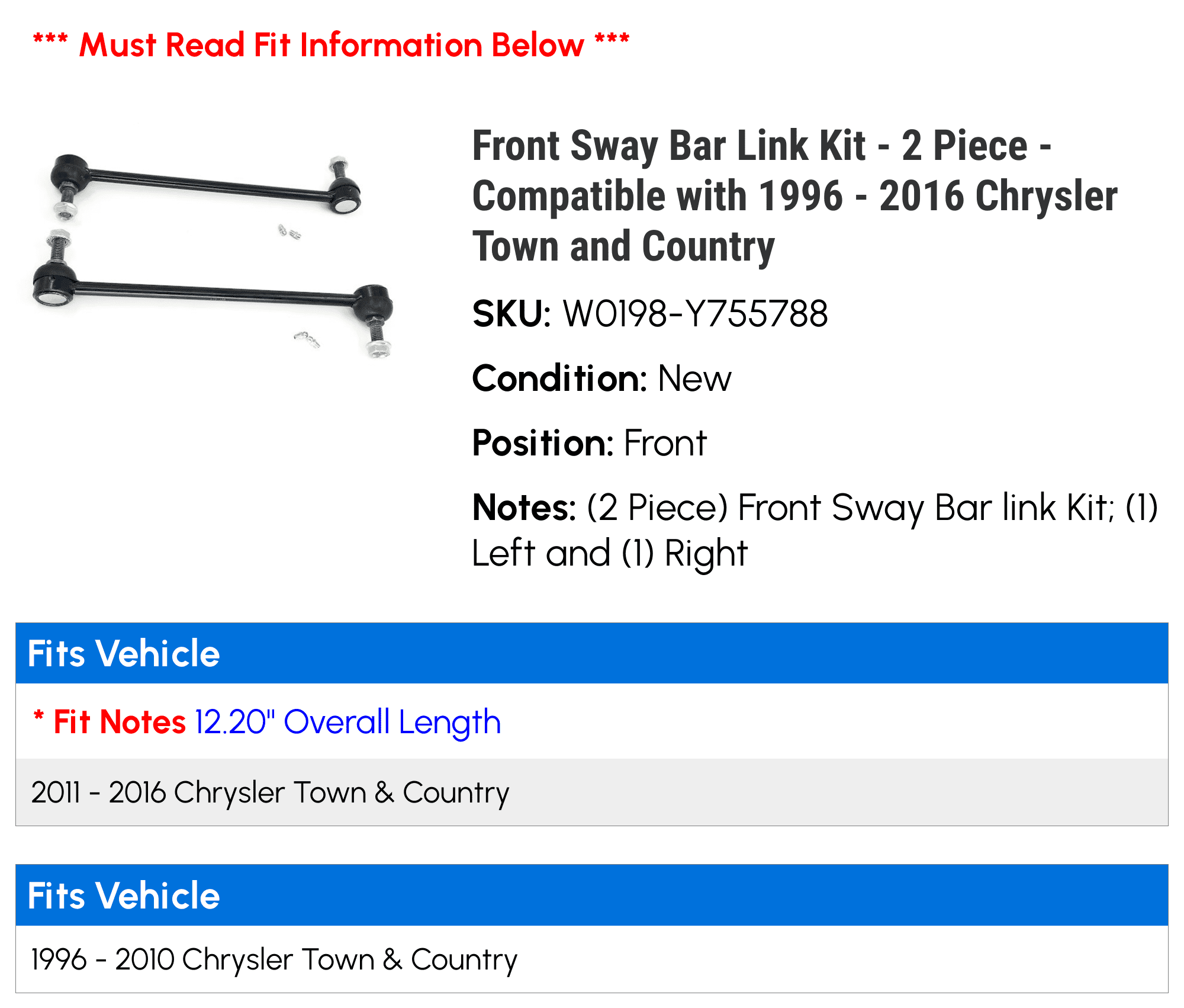 Front Sway Bar Link Kit - 2 Piece - Compatible with 1996 - 2016 Chrysler Town and Country 1997 1998 1999 2000 2001 2002 2003 2004 2005 2006 2007 2008 2009 2010 2011 2012 2013 2014 2015