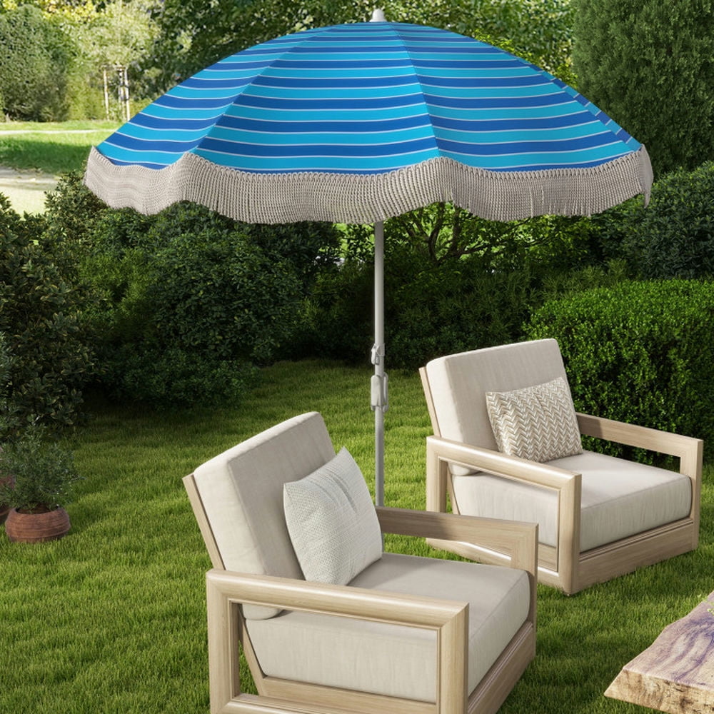 Spaco Outdoor Patio Umbrella,Patio Umbrella,6.5 FT Beach Umbrella with Fringe Outdoor Tassel Umbrella with Push Button Tilt-Navy