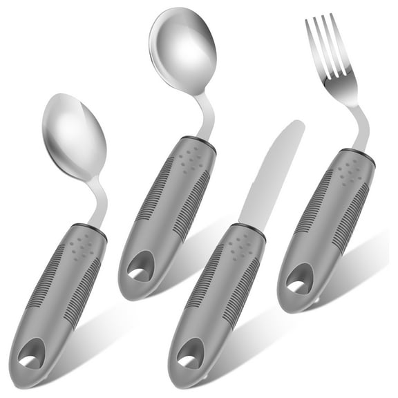 Grusce 4PCS Adaptive Utensils Set, 42° Angled Parkinsons Utensils, Stainless Steel Knife, Fork, Spoons for Hand Tremors Arthritis, Parkinson’s Elderly use