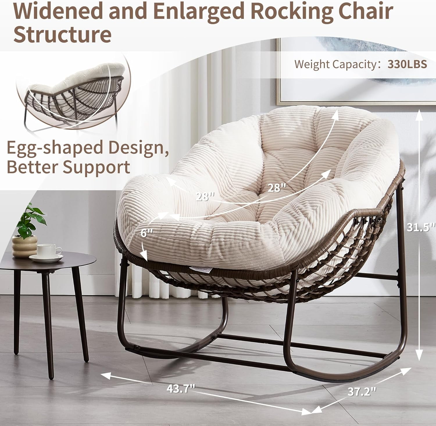 MOONMISS Outdoor Patio Rattan Oversized Rocking Chairs Set of 2 with Corduroy Padded Cushion-White