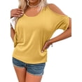 thumbnail image 3 of Crew Neck Women Solid Color Casual Cold Shoulder Tops Off Shoulder Summer T-shirt, 3 of 4