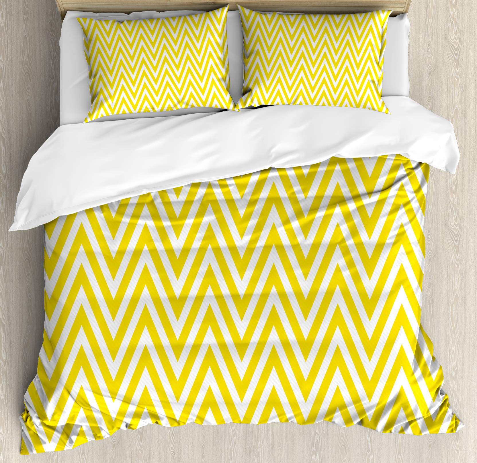 Yellow Chevron Duvet Cover Set, Thin Yellow and White Chevron Stripes