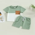 thumbnail image 2 of Toddler Boys Summer Outfit Sets Short Sleeve Contrast Color Tops + Baby Boys Solid Color Drawstring Shorts Set Black 0-6 Months, 2 of 8