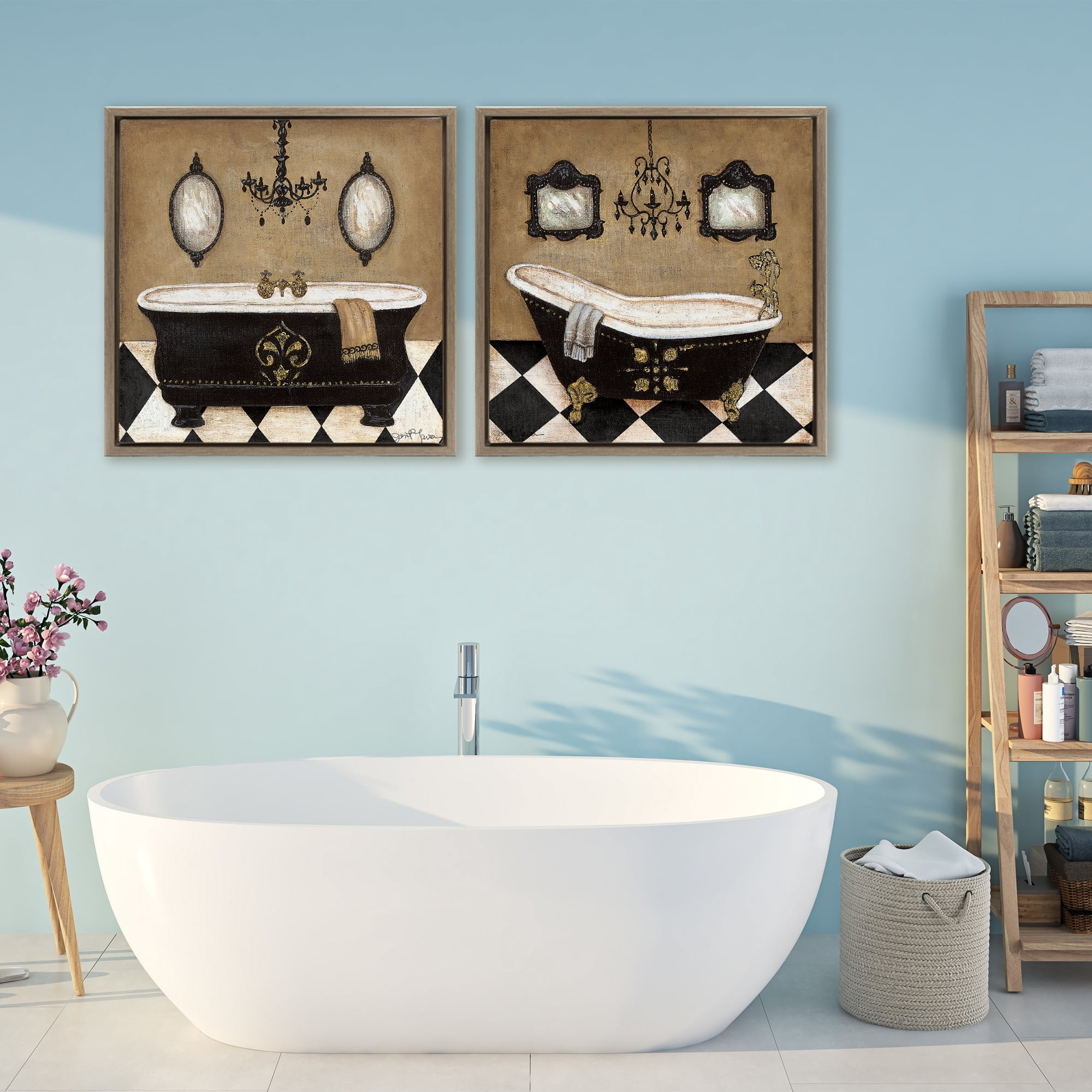 Stupell Industries Elegant Bathroom with Chandeliers 2 Piece Brown Framed Floater Canvas Set, design by Janet Tava