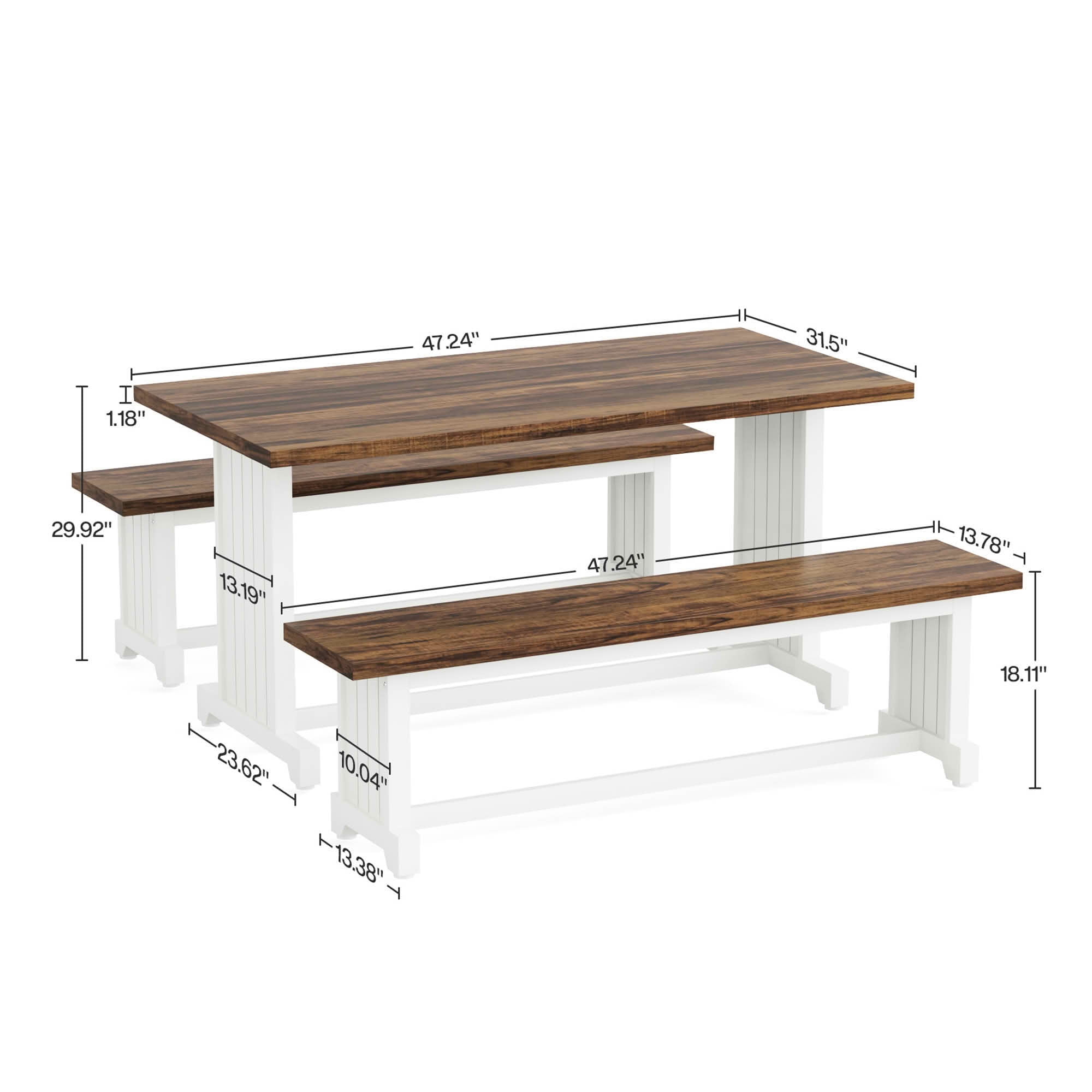 MAYEERTY 3-Piece 47" Farmhouse Dining Set with Table & Benches, 4-6 Seater Sturdy MDF & Metal Frame, Multiuse Home Cafe Furniture