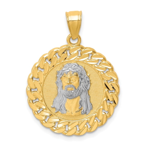 10K Yellow Gold Jesus Face Pendant with Rhodium Detail, Polished