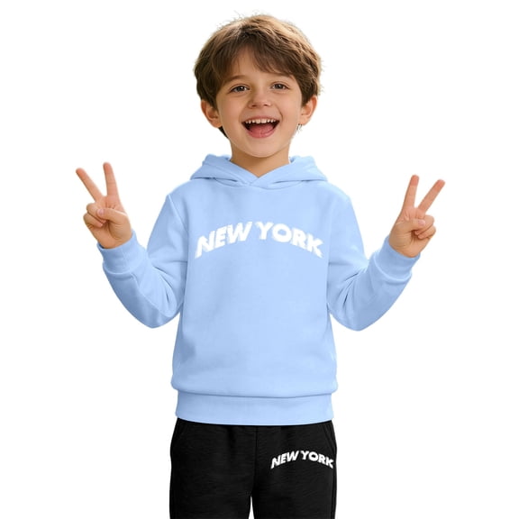 GobdXE Kids 2 Piece Tracksuit New York Print Hooded Sweatshirt Jogger Pants Boys Girls Casual Outfit Set Light Blue,11-12 Years
