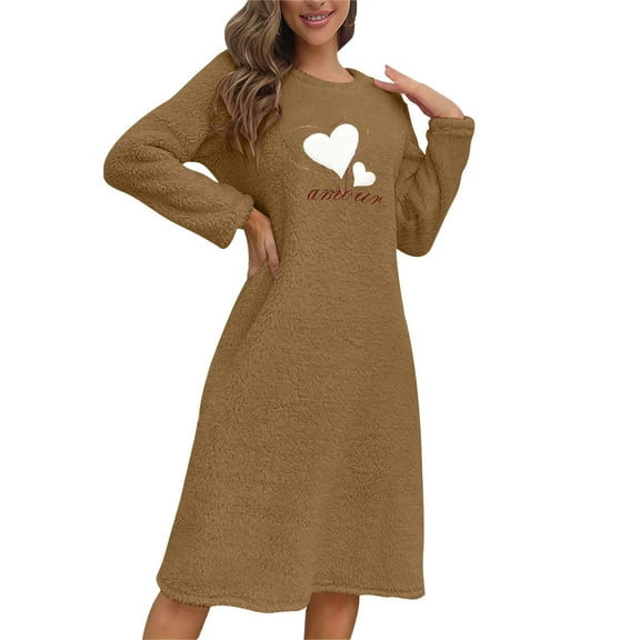 Women's Fuzzy Fleece Nightgown Heart Printed Thicken House Coat Casual Long Sleeve Crewneck Sleepwear Flannel Night Dress