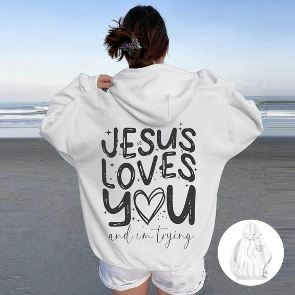 SIYUDAN Womens Sweatshirt Hoodies Jesus Loves You Hoodies Letter Print Hoodies Oversized Pullover Sweatshirts For Women Womens Fall Outfits Comfy Clothes