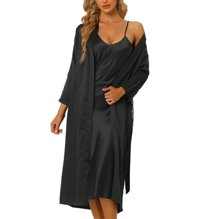 

cheibear Womens Satin Nightwear Robe Nightgown Sets Lace Trim Long Sleeve Kimono Bathrobe Bridesmaid Wedding Bride Robe