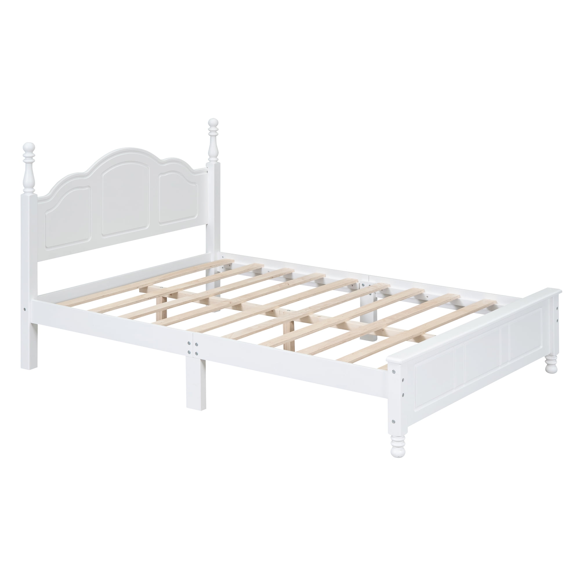 Full Size Wood Platform Bed Frame, Retro Style Platform Bed with Wooden Slat Support, White